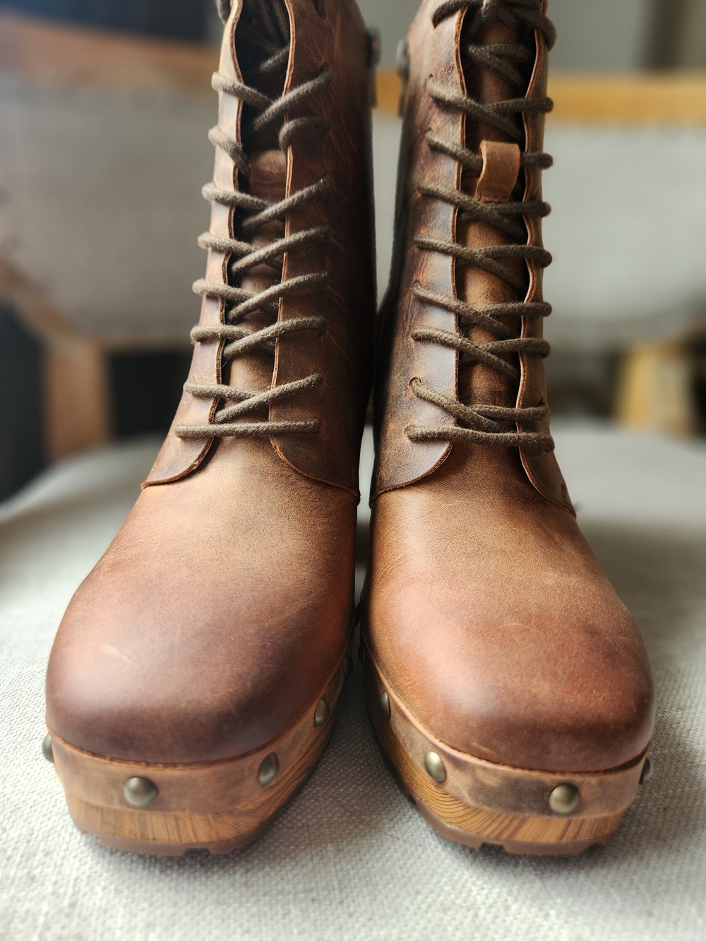 Kork-Ease Brown Leather Lace-Up Platform Booties Shearborn 7.5 Boho Clog Boot - Picture 6 of 13